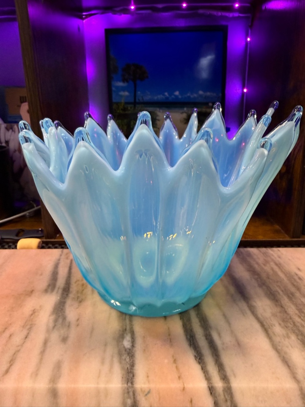 Vintage Fostoria Blue opalescent handkerchief bowl- Home Art Decorative Vase